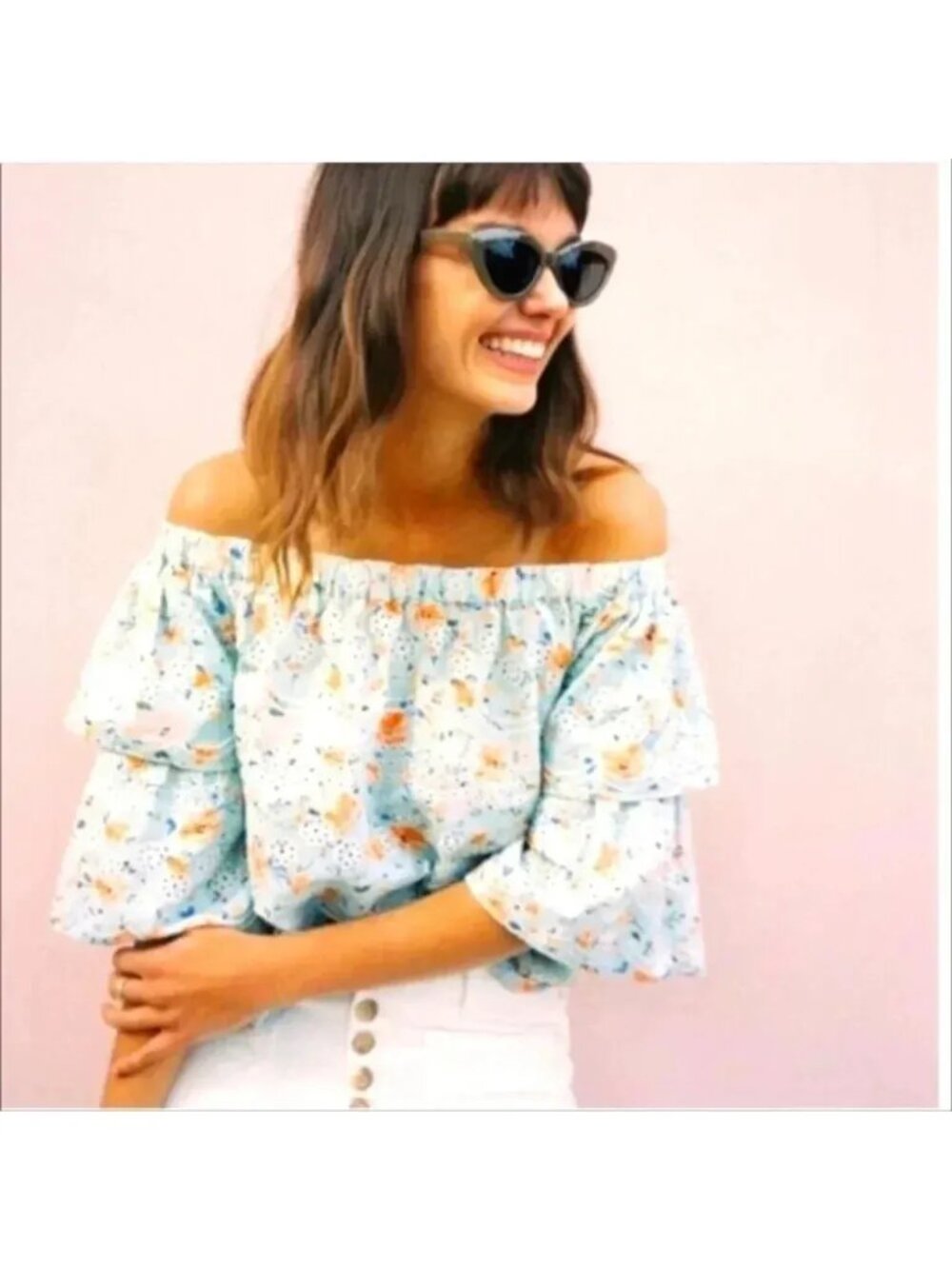 Anthropologie LAIA Ashtabula Blue Floral Off-Shoulder Blouse, Size Small